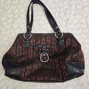 Etienne Aigner Jacquard Hobo Bag DarkBrown w/ Black Leather Trim Equestrian Boho